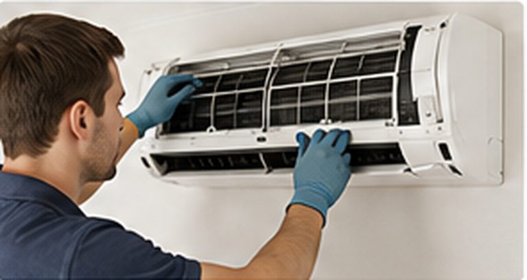 Technicien nettoyant une unité de climatisation intérieure